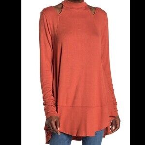 FREE PEOPLE Burnt Orange Downtown Girl Ribbed Cold Shoulder Tunic Top Size Small